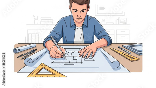 Man creating architectural blueprint at desk with drafting tools and paper