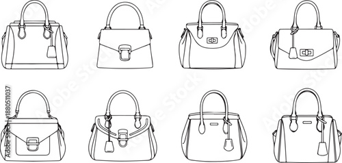 Collection of handbag line art illustrations showing diverse designs, isolated on white background