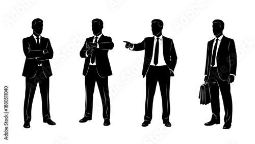 Silhouetted businessmen in various poses and actions standing against a neutral background from a straightforward viewpoint