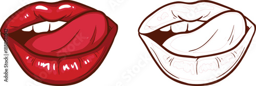 Cartoon illustration of red lips and white line drawing lips with teeth smiling and showing tongue  two styles compared side by side