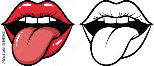 Cartoon illustration of two sets of lips with tongues out  one red and one black and white  for design and communication use