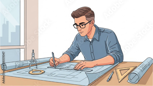 Man working on architectural blueprint at desk near window with cityscape view
