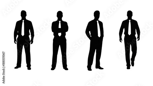 Four businessmen standing in different poses, silhouetted against a plain background, from various viewpoints.