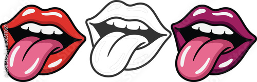 Cartoon lips and tongues in different colors  red pink purple white  funny faces