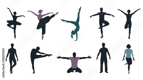 Silhouettes of people practicing yoga and various physical poses in different positions and attire