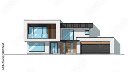 Modern two-story house with sleek design and garage viewed from the front