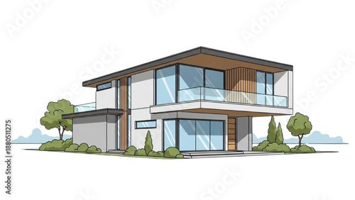 Modern house with large windows and balcony overlooking a serene landscape from an exterior viewpoint featuring a contemporary building