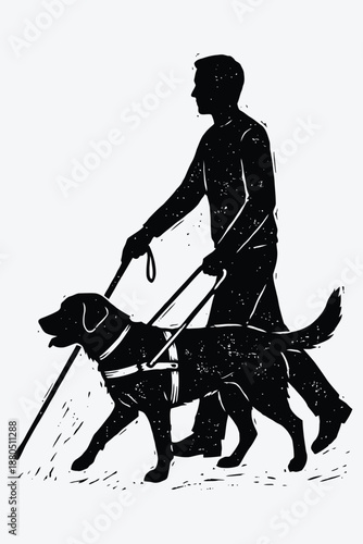 Black and White Silhouette of Blind Person Walking with Guide Dog