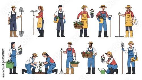 Gardeners at work in a lush garden, tending plants and flowers from various viewpoints