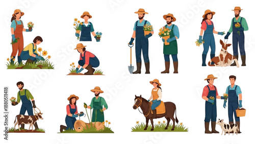 Farmer working in the field with animals and equipment from various viewpoints