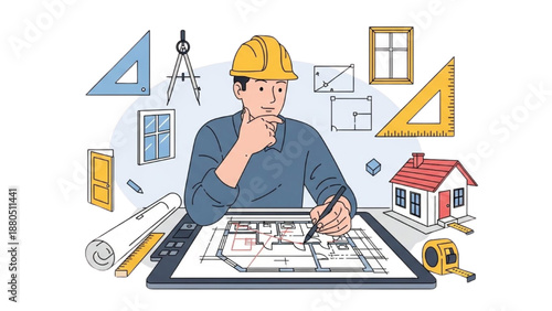 Architect reviewing building plans on digital tablet with construction elements around