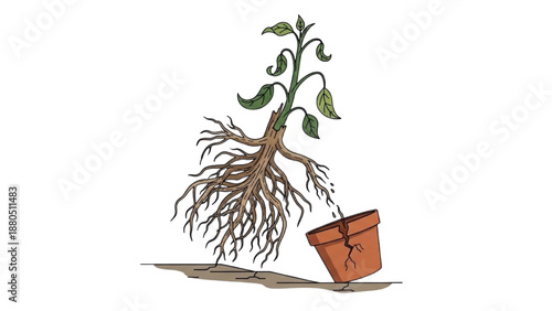 A plant with exposed roots being watered from an overturned pot on the ground