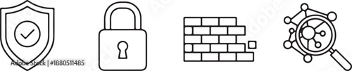 Cybersecurity Icons: Network Analysis, Firewall, Lock, Shield Isolated on white background