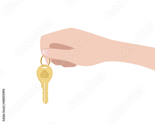 Vector illustration of a woman holding a cylinder key with a house icon embossed design in gold, female homeowner concept, hands only, flat design
金色で家のアイコンのエンボスのデザインのシリンダーキーを持つ女性のベクトルイラスト、女性の住宅所有者のコン