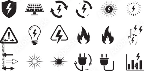 Energy and Electricity Icons: Shield, Solar Panel, Lightning, Fire, Bulb, Plug, Graph Isolated on white background