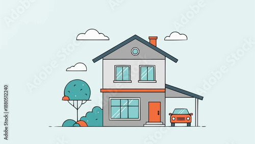 Modern Two Story House with Attached Garage and Car.