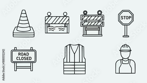 Road construction safety equipment and signs icon set.