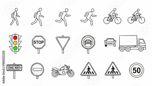 Collection of traffic signs and road symbols.