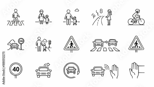 Set of traffic and pedestrian safety icons.