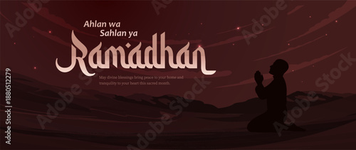 Ramadan Kareem Elegant Islamic Vector Background for poster and banner awesome visual with Mosque, Prayer and a Mountain groups scenery