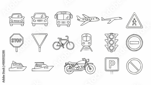 Collection of transportation icons and road signs.