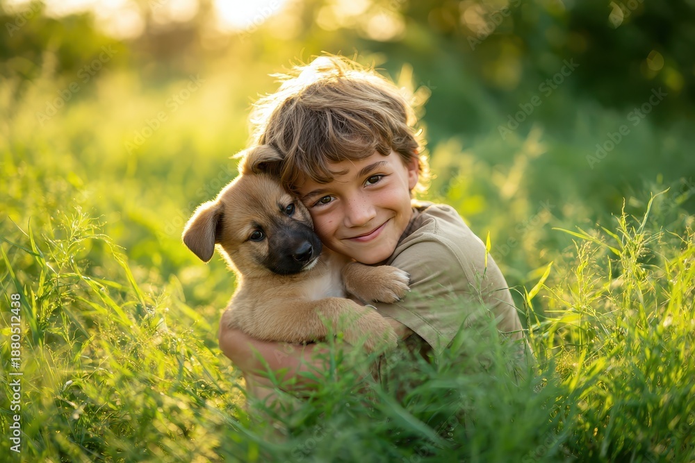 Fototapeta premium Boy shares a joyful moment with a playful puppy in a lush green field during golden hour, capturing the essence of friendship and innocence