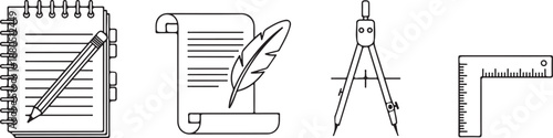 Education & Drafting Tools: Notebook, Quill, Compass, Ruler Icons Isolated on white background