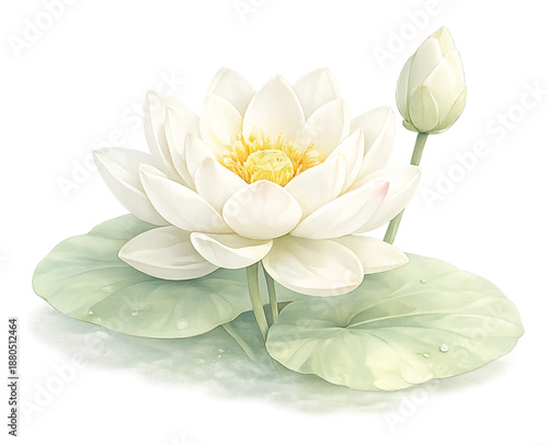 Soft Watercolor White Thai Lotus Flower Isolated on Transparent Background