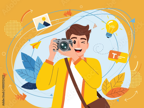 Happy Young Male Photographer Taking Photo with Digital Camera, Creative Professional Guy Capturing Moments with Lightbulb Idea and Photo Icons Background, Vector Illustration.