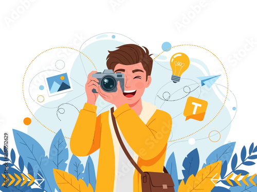 Happy Young Male Photographer Taking Photo with Digital Camera, Creative Professional Guy Capturing Moments with Lightbulb Idea and Photo Icons Background, Vector Illustration.