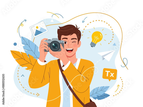 Happy Young Male Photographer Taking Photo with Digital Camera, Creative Professional Guy Capturing Moments with Lightbulb Idea and Photo Icons Background, Vector Illustration.