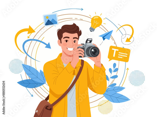 Happy Young Male Photographer Taking Photo with Digital Camera, Creative Professional Guy Capturing Moments with Lightbulb Idea and Photo Icons Background, Vector Illustration.