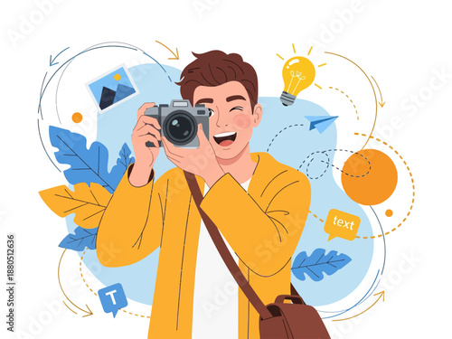 Happy Young Male Photographer Taking Photo with Digital Camera, Creative Professional Guy Capturing Moments with Lightbulb Idea and Photo Icons Background, Vector Illustration.
