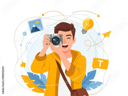 Happy Young Male Photographer Taking Photo with Digital Camera, Creative Professional Guy Capturing Moments with Lightbulb Idea and Photo Icons Background, Vector Illustration.