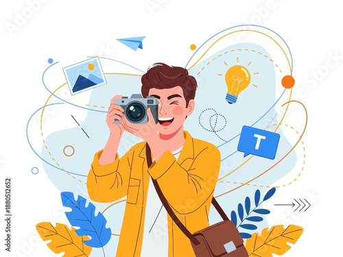 Happy Young Male Photographer Taking Photo with Digital Camera, Creative Professional Guy Capturing Moments with Lightbulb Idea and Photo Icons Background, Vector Illustration.