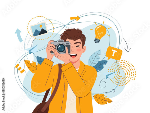 Happy Young Male Photographer Taking Photo with Digital Camera, Creative Professional Guy Capturing Moments with Lightbulb Idea and Photo Icons Background, Vector Illustration.