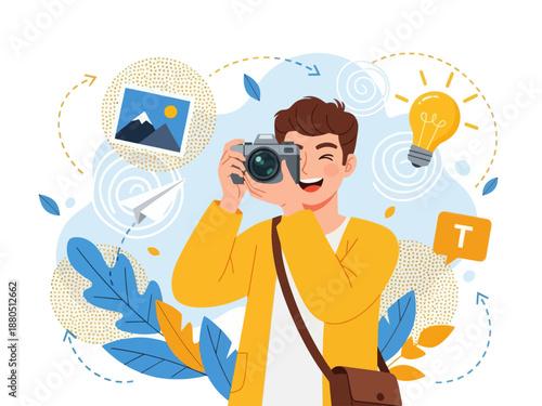 Happy Young Male Photographer Taking Photo with Digital Camera, Creative Professional Guy Capturing Moments with Lightbulb Idea and Photo Icons Background, Vector Illustration.