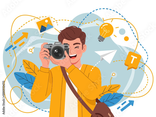 Happy Young Male Photographer Taking Photo with Digital Camera, Creative Professional Guy Capturing Moments with Lightbulb Idea and Photo Icons Background, Vector Illustration.