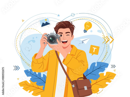 Happy Young Male Photographer Taking Photo with Digital Camera, Creative Professional Guy Capturing Moments with Lightbulb Idea and Photo Icons Background, Vector Illustration.