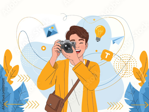 Happy Young Male Photographer Taking Photo with Digital Camera, Creative Professional Guy Capturing Moments with Lightbulb Idea and Photo Icons Background, Vector Illustration.
