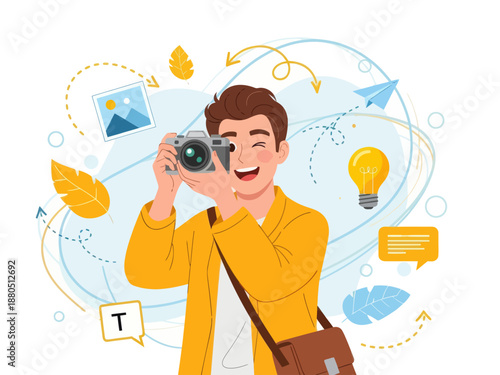 Happy Young Male Photographer Taking Photo with Digital Camera, Creative Professional Guy Capturing Moments with Lightbulb Idea and Photo Icons Background, Vector Illustration.