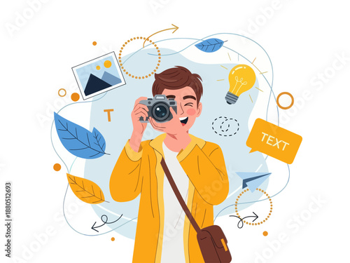 Happy Young Male Photographer Taking Photo with Digital Camera, Creative Professional Guy Capturing Moments with Lightbulb Idea and Photo Icons Background, Vector Illustration.