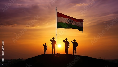 Indian flag held proudly by soldier at sunset with companions saluting on hill, patriotic landscape symbolizing sacrifice, honor, freedom, republic day celebrations