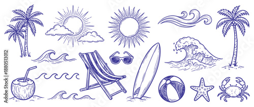 Hand drawn beach themed vector set with summer doodles, waves, palm trees, shells, crabs, sunglasses and surfboards, tropical vacation design elements for t shirt prints