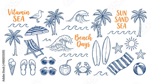 Hand drawn beach themed vector set with summer doodles, waves, palm trees, shells, crabs, sunglasses and surfboards, tropical vacation design elements for t shirt prints