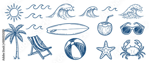 Hand drawn beach themed vector set with summer doodles, waves, palm trees, shells, crabs, sunglasses and surfboards, tropical vacation design elements for t shirt prints