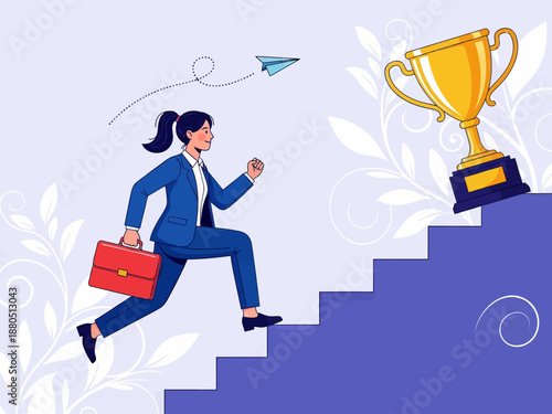 Businesswoman Running Up Stairs to Giant Golden Trophy, Success and Career Growth Concept Vector Illustration of Female Leader Achieving Goal and Professional Ambition.