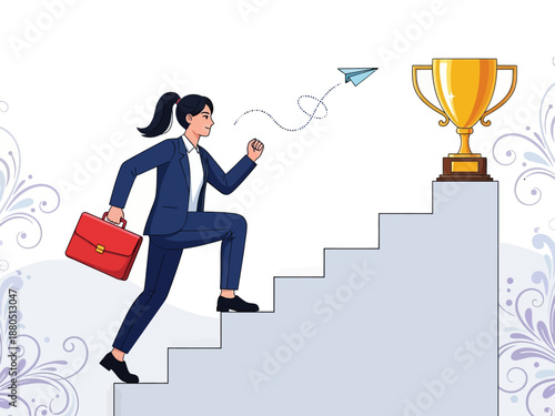 Businesswoman Running Up Stairs to Giant Golden Trophy, Success and Career Growth Concept Vector Illustration of Female Leader Achieving Goal and Professional Ambition.