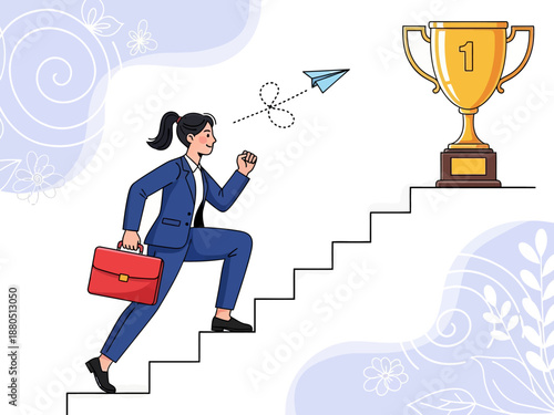 Businesswoman Running Up Stairs to Giant Golden Trophy, Success and Career Growth Concept Vector Illustration of Female Leader Achieving Goal and Professional Ambition.