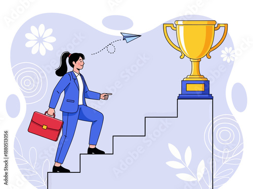 Businesswoman Running Up Stairs to Giant Golden Trophy, Success and Career Growth Concept Vector Illustration of Female Leader Achieving Goal and Professional Ambition.